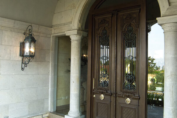 solara-custom-classic-steel-outdoor-lighting-entrance-bounganvillea