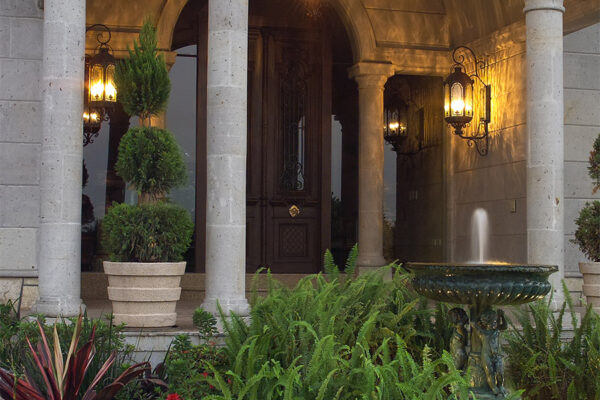 solara-custom-classic-steel-outdoor-lighting-entrance-bounganvillea